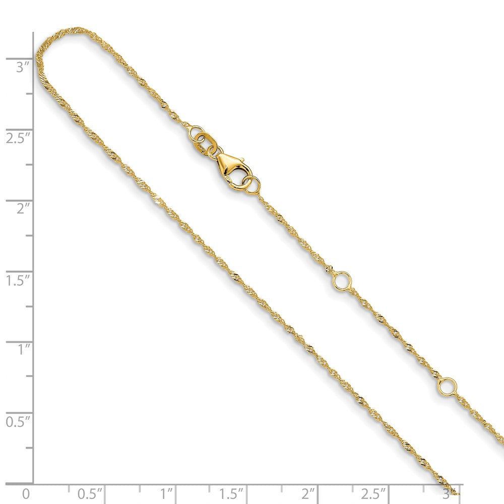 18 Inch 10K Yellow Gold 1.25mm Singapore 1In+1In Adjustable Chain Necklace