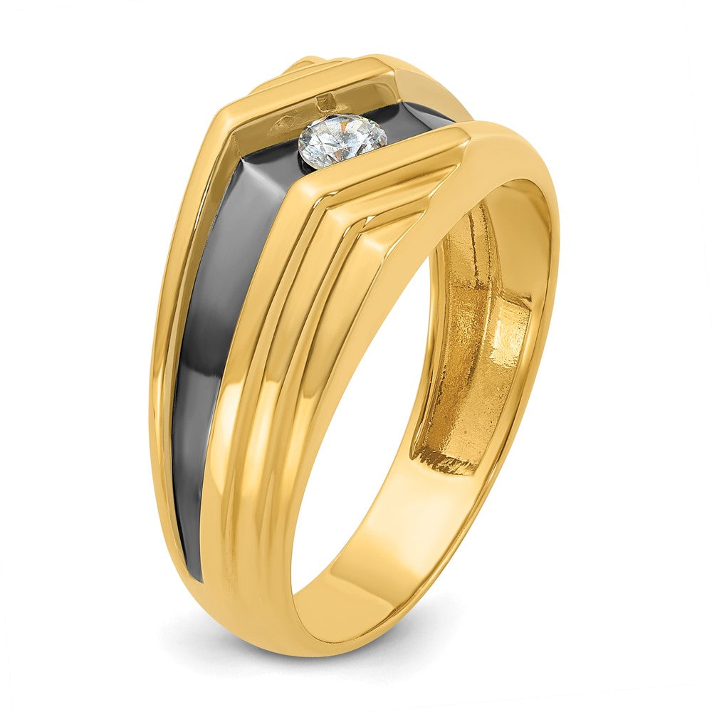 14k Yellow Gold with Black Rhodium 1/6 Ct. Lab Grown Diamond VS/SI+ G+ Polished and Grooved Men's Ring