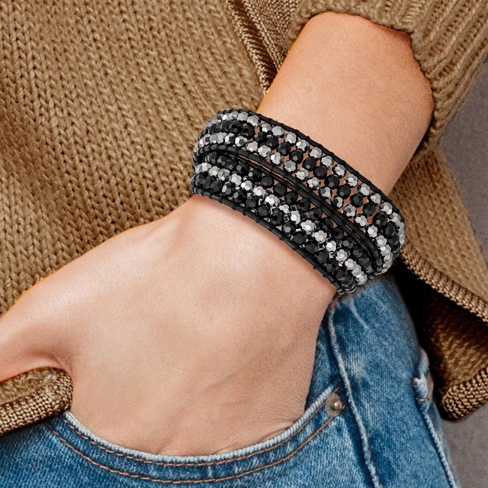 14 Inch Black Aurora Borealis/Grey Crystal Bead/Leather Multi-Wrap Bracelet