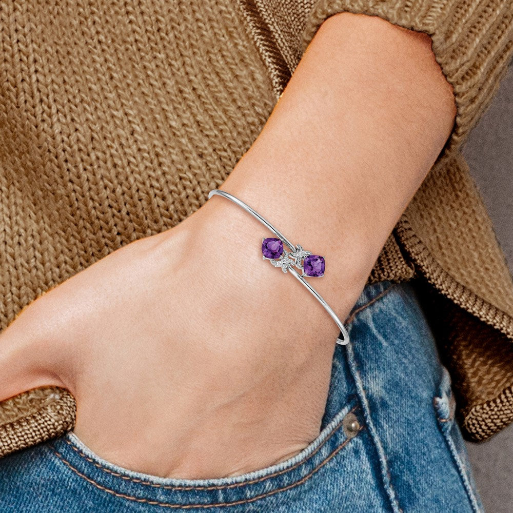 14K White Gold Complete Cushion Cut Amethyst And .03 Carat Diamond Flexible Bangle Bracelet