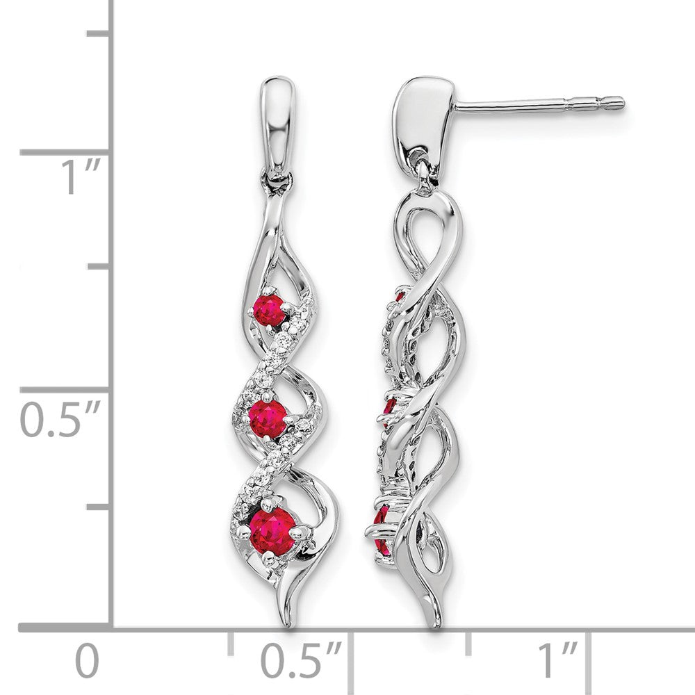 10K White Gold Diamond And Ruby 3 Stone Post Dangle Earrings