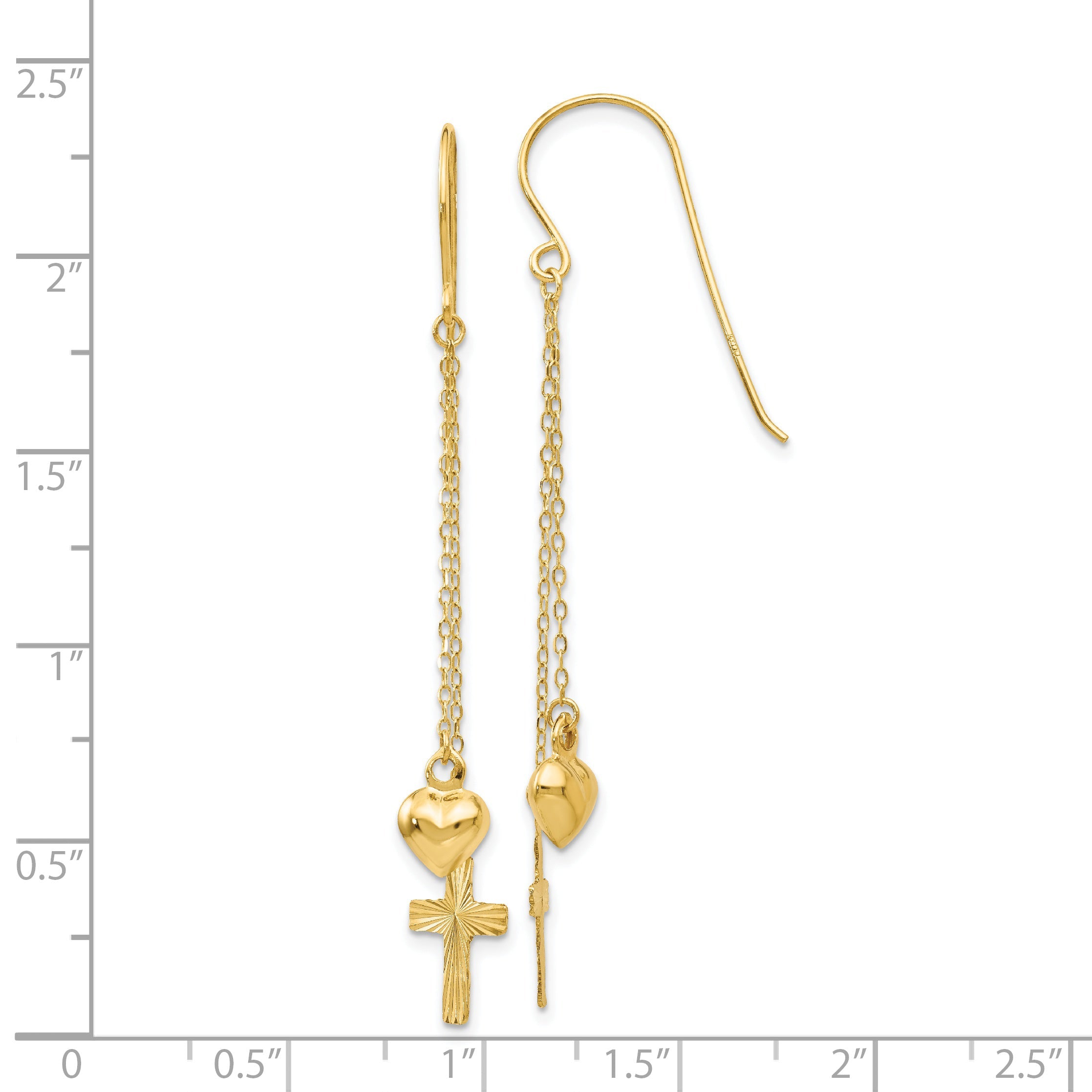 14K Yellow Gold Ropa Chain Puffed Heart And Diamond Cut Cross Dangle Earrings