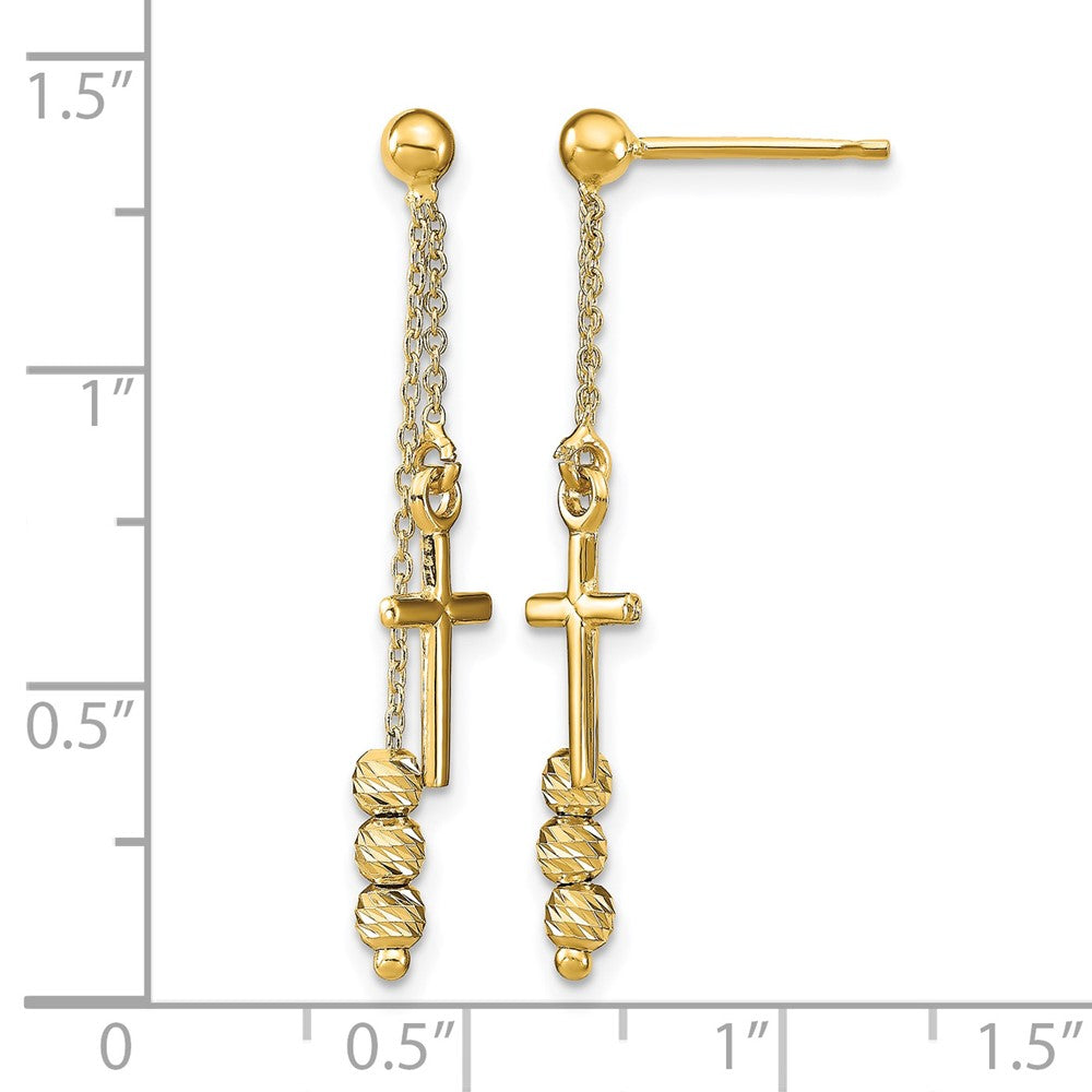 14K Yellow Gold Polished D/C Cross Beaded Post Dangle Earrings