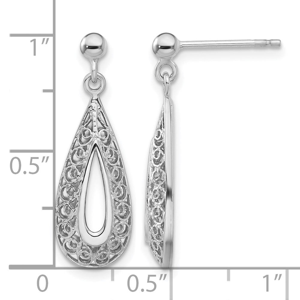 14K White Gold Filigree Teardrop Post Dangle Earrings