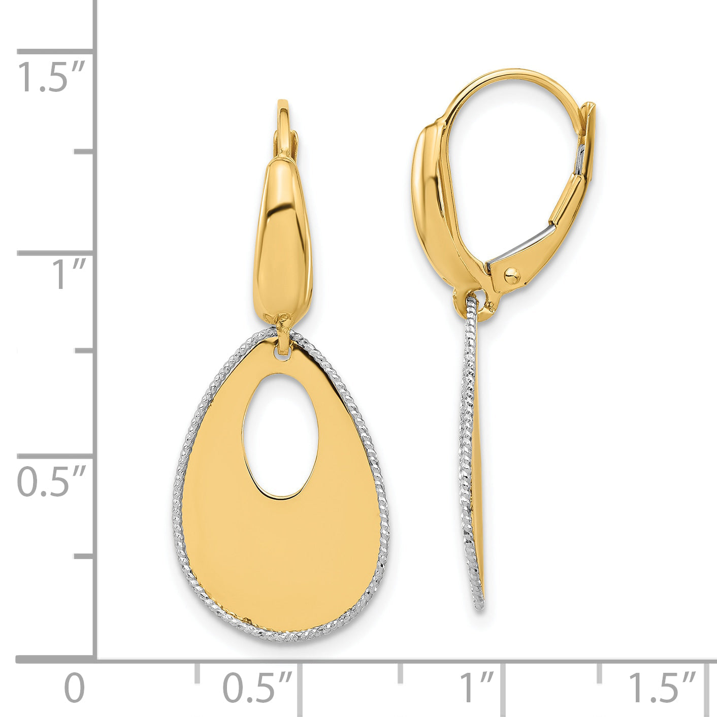 14K Two Tone Polished/Dia Cut Teardrop Dangle Leverback Earrings