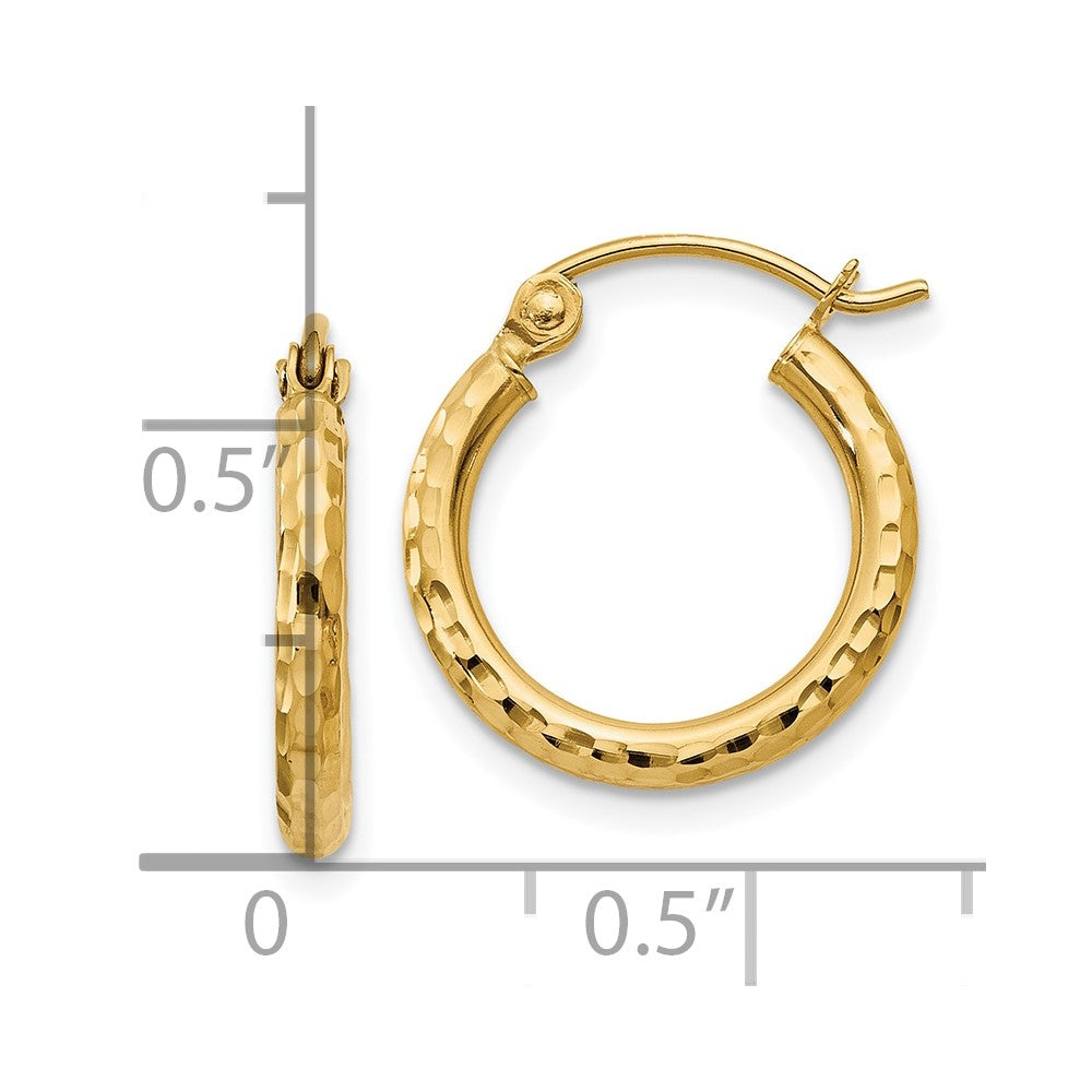14K Yellow Gold Diamond Cut 2mm Round Tube Hoop Earrings