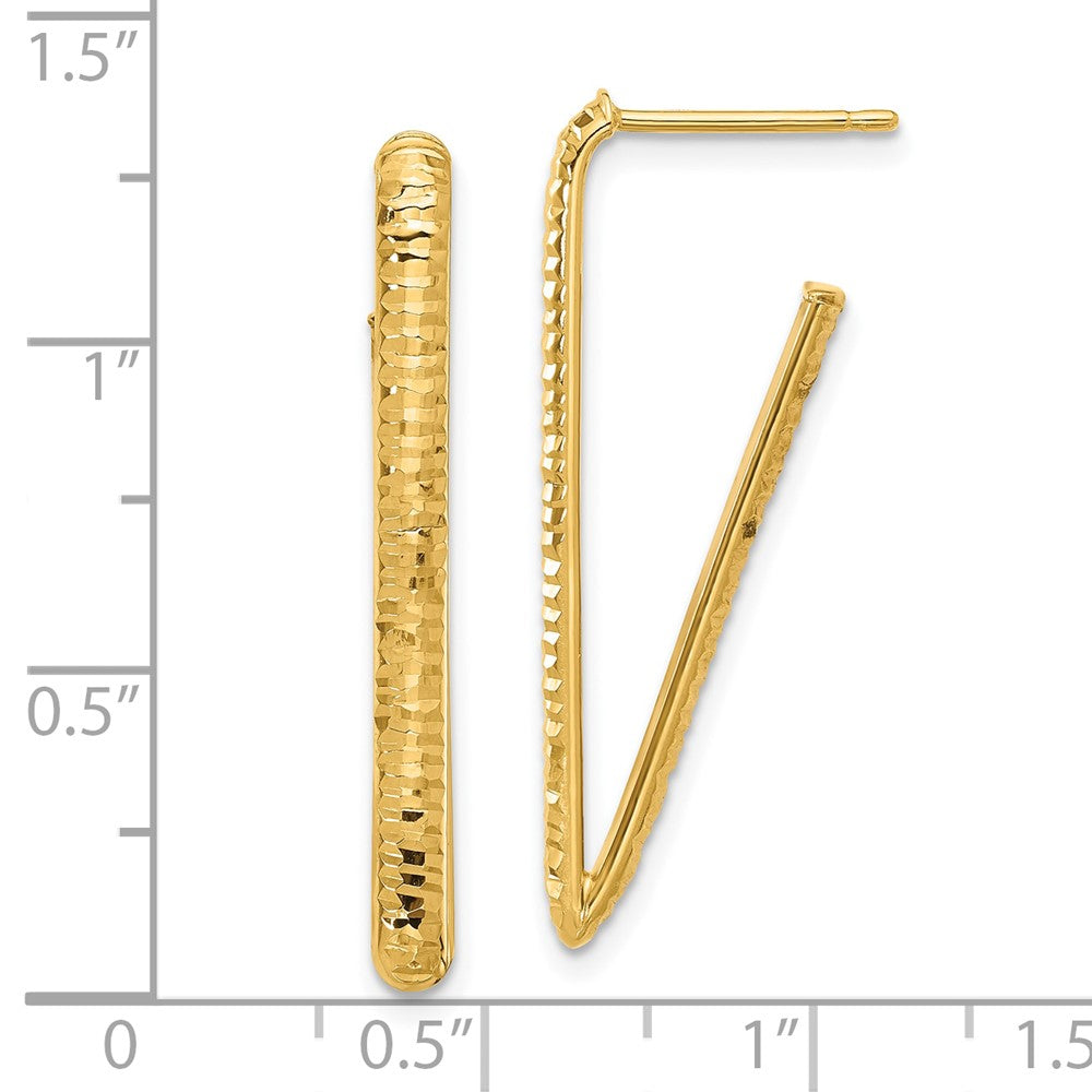 14K Yellow Gold Polished And Diamond Cut Triangle J Hoop Post Earrings