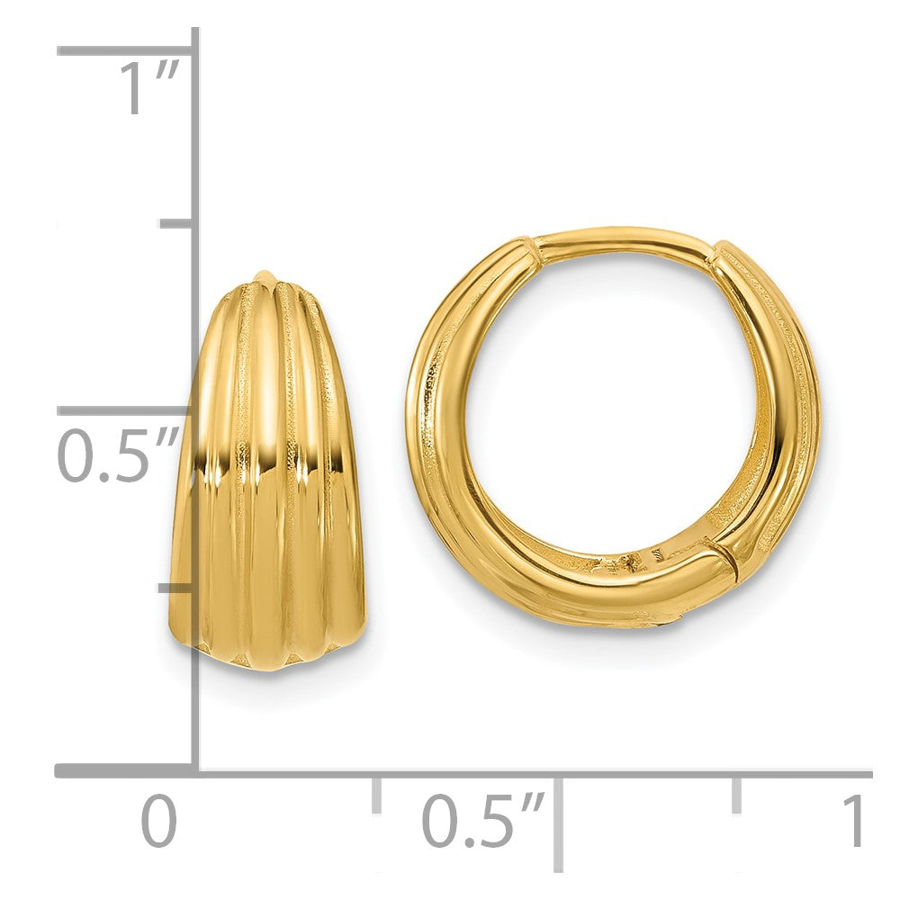 14K Yellow Gold Polished/Grooved Round Huggie Hoop Earrings