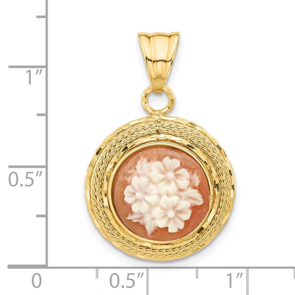 14K Yellow Gold Diamond Cut Natural Shell Floral Cameo Pendant