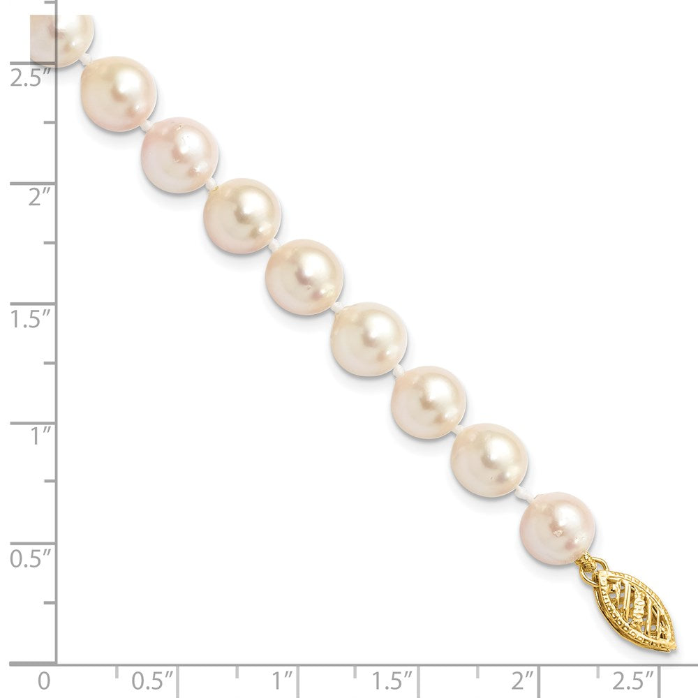 14K Yellow Gold 7 8mm White Round Akoya Saltwater Cultured Pearl Inch Bracelet