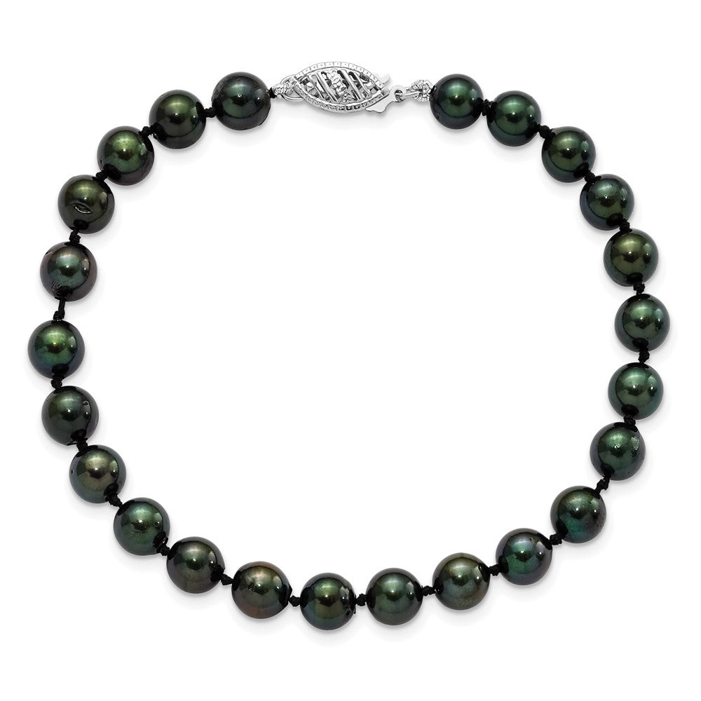 14K White Gold 6 7mm Black Round Akoya Saltwater Cultured Pearl 7 Inch Bracelet