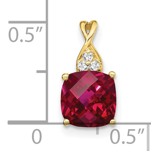 10K Yellow Gold Checkerboard Created Ruby And Diamond Pendant