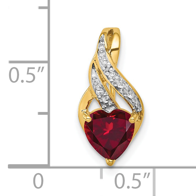 10K Yellow Gold Diamond And Created Ruby Polished Heart Pendant