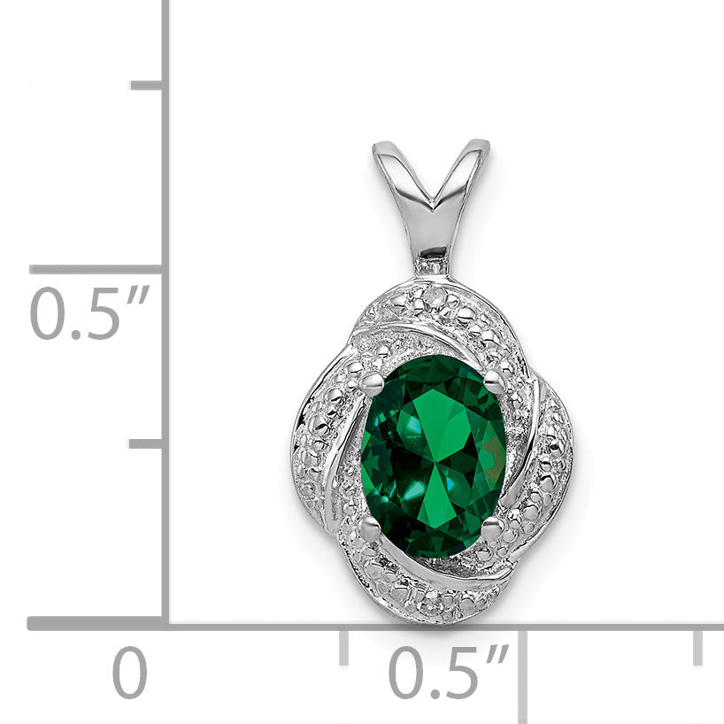 Sterling Silver Rhodium-Plated Diam. & Created Emerald Pendant