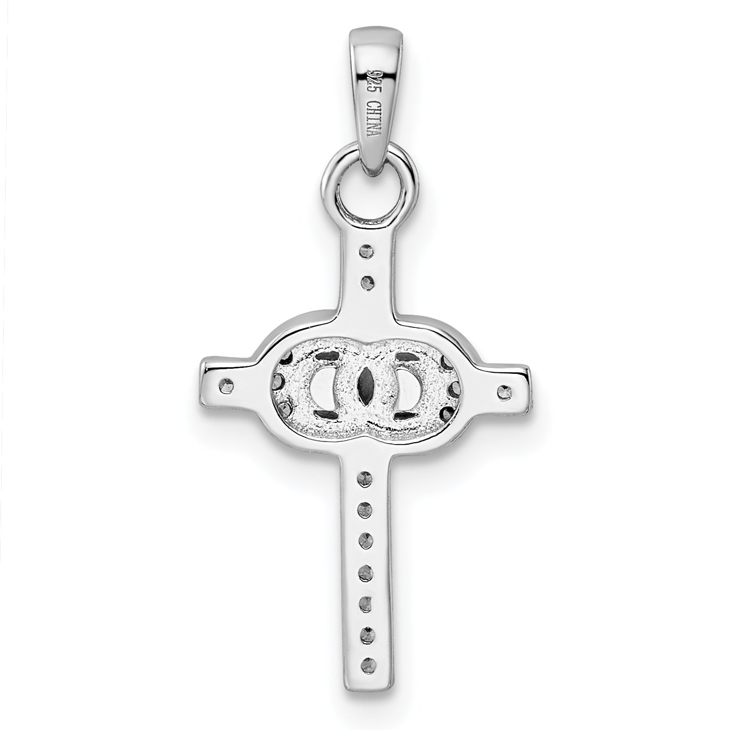 Sterling Silver Rhodium-Plated Cz Double Rings On Cross Pendant