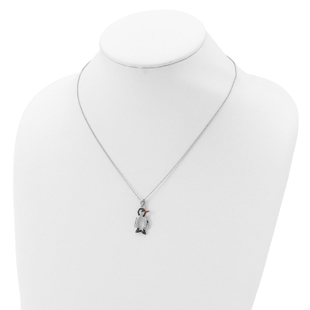 Sterling Silver Cheryl M Rhodium-Plated With Black Rhodium Accent Enameled Brilliant-Cut And White Cz Penguin 18 Inch Necklace