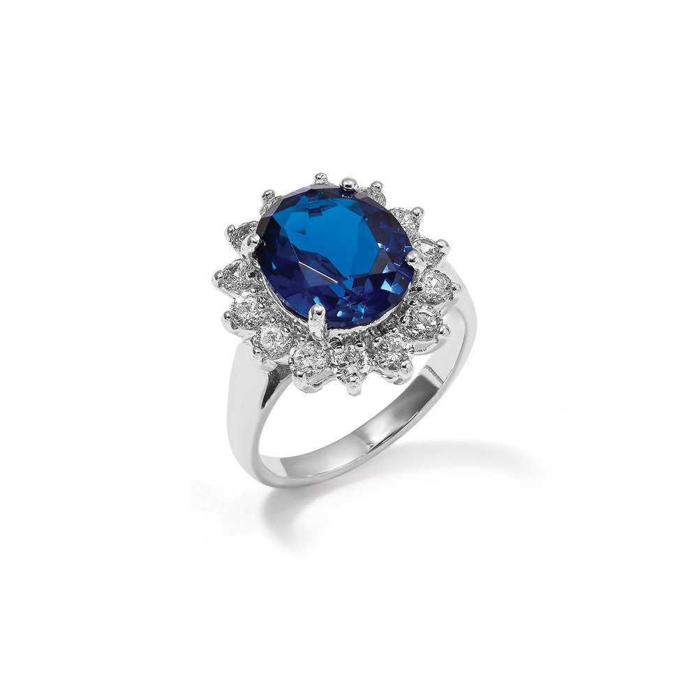 Sterling Silver Cheryl M Rhodium-Plated Brilliant-Cut Lab Created Dark Blue Spinel And White Cz Oval Halo Ring