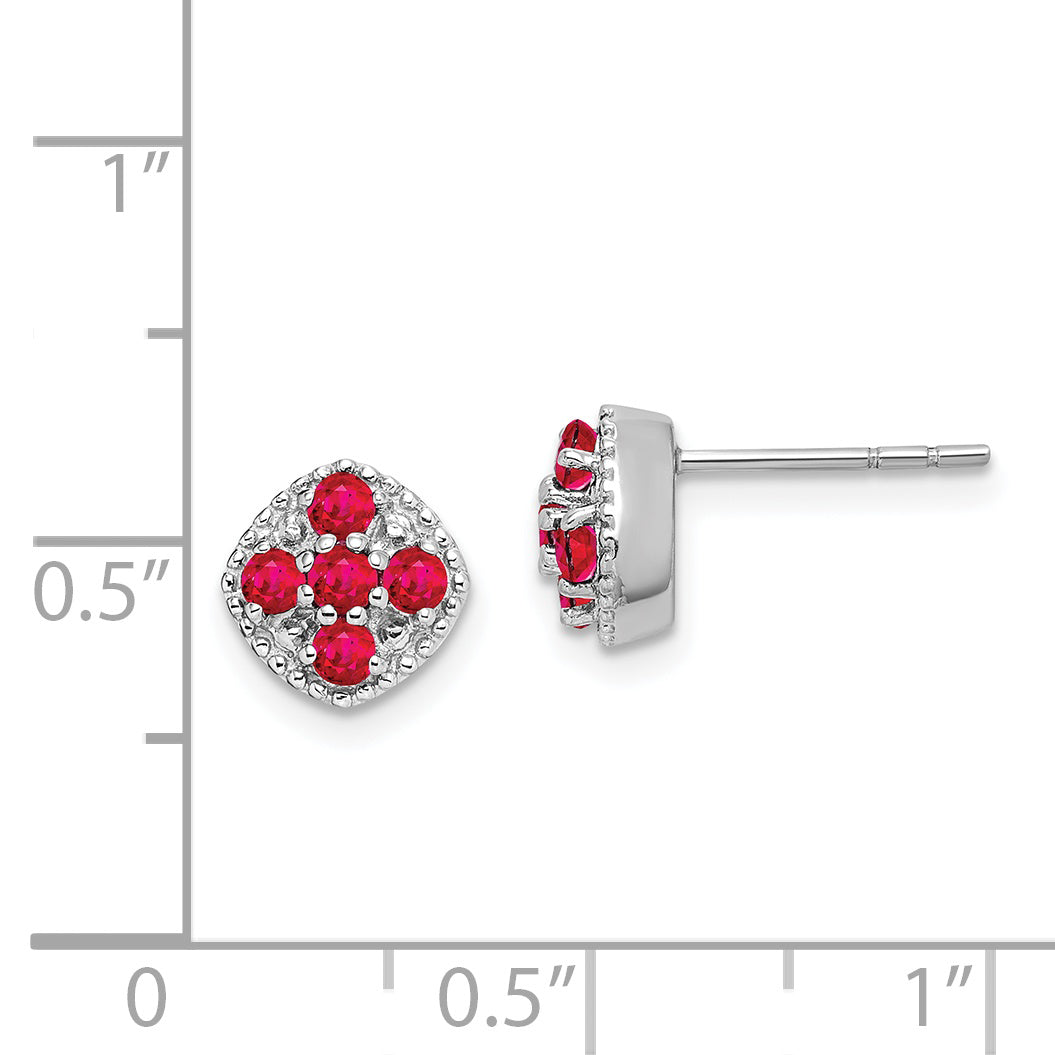 Sterling Silver Rhodium-Plated Ruby Flower Post Earrings