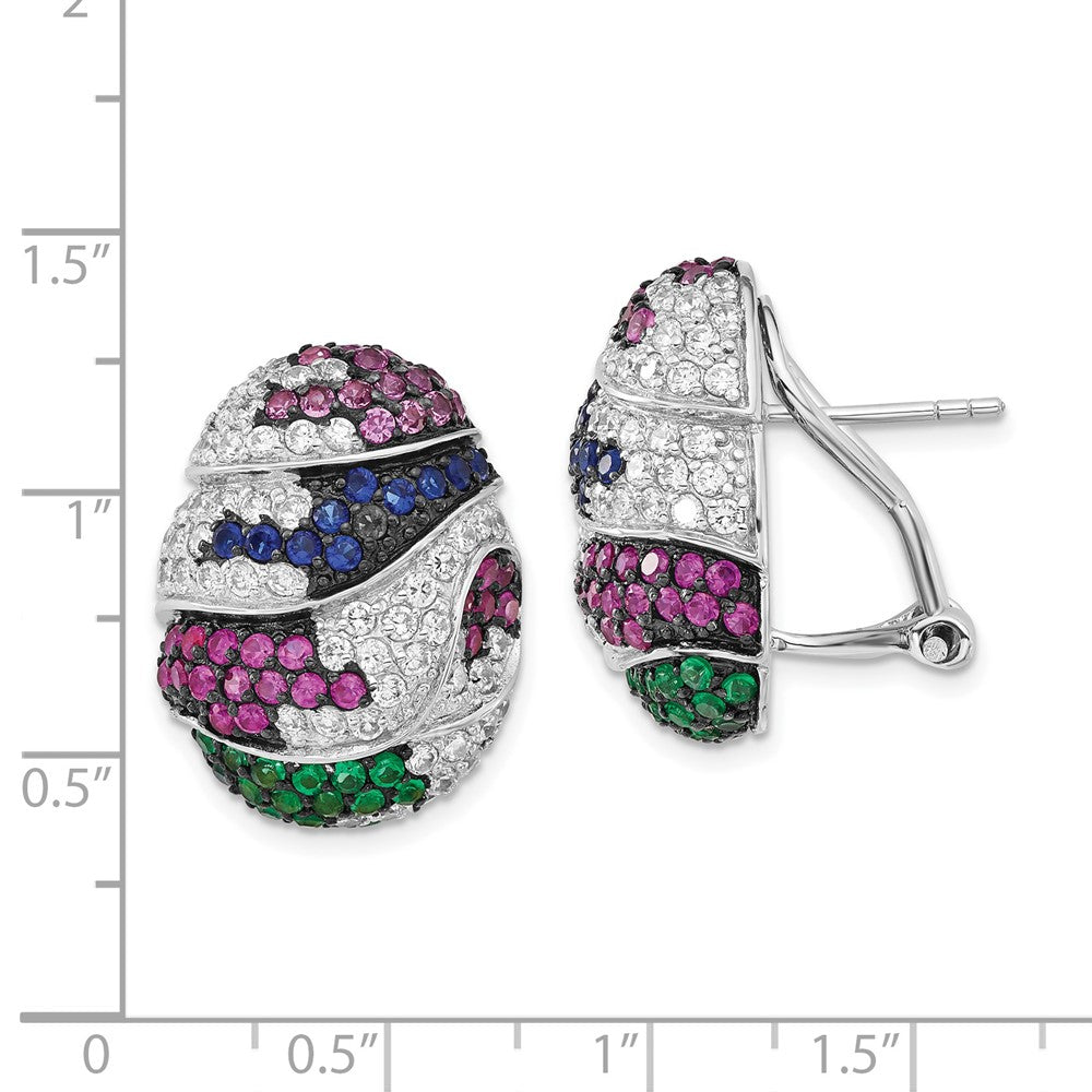Sterling Silver W/ Black Rhodium Blue & Green Glass, Synthetic Ruby Cz Omega Back Earrings