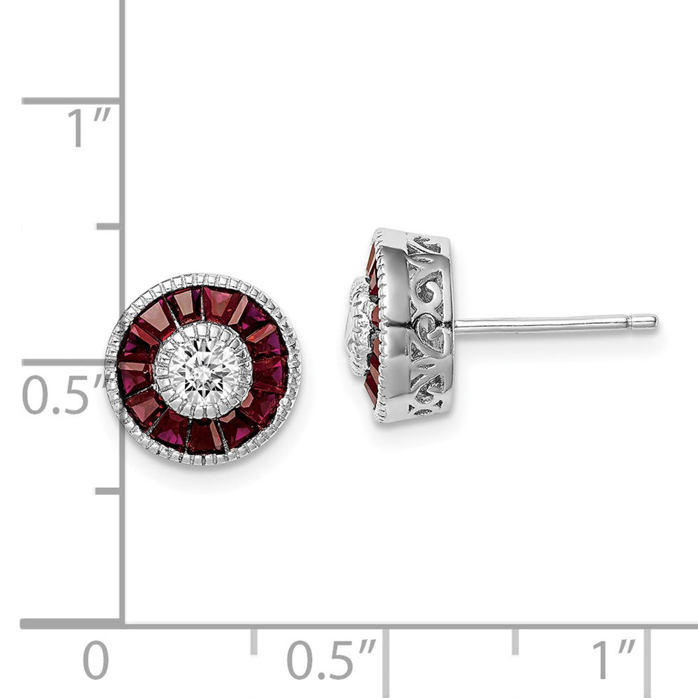 Sterling Silver Rhodium-Plated Cz /Created Ruby Halo Post Earrings