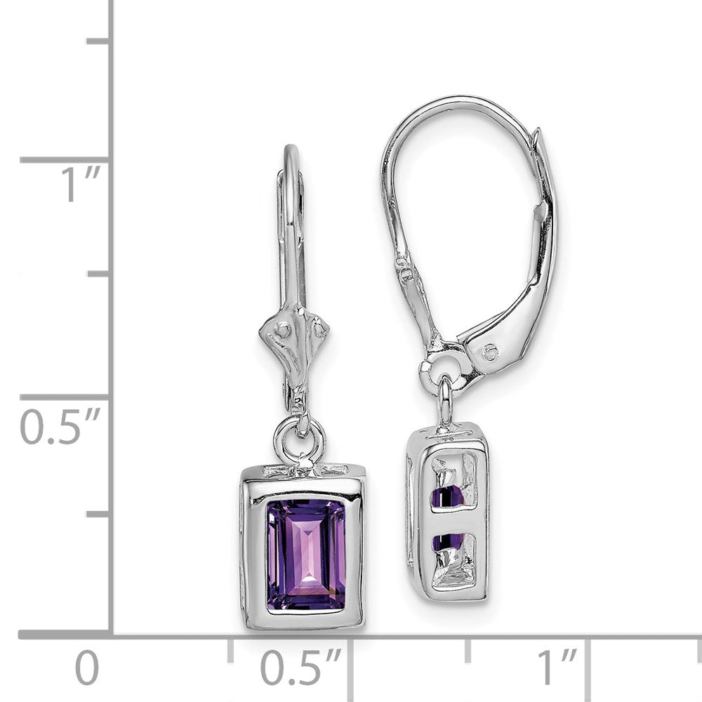 Sterling Silver Rh Plated 7X5 Emerald Cut Amethyst Leverback Earrings