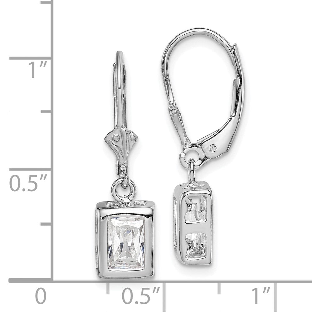 Sterling Silver Rhodium Plated 7X5 Emerald Cut Cz Leverback Earrings