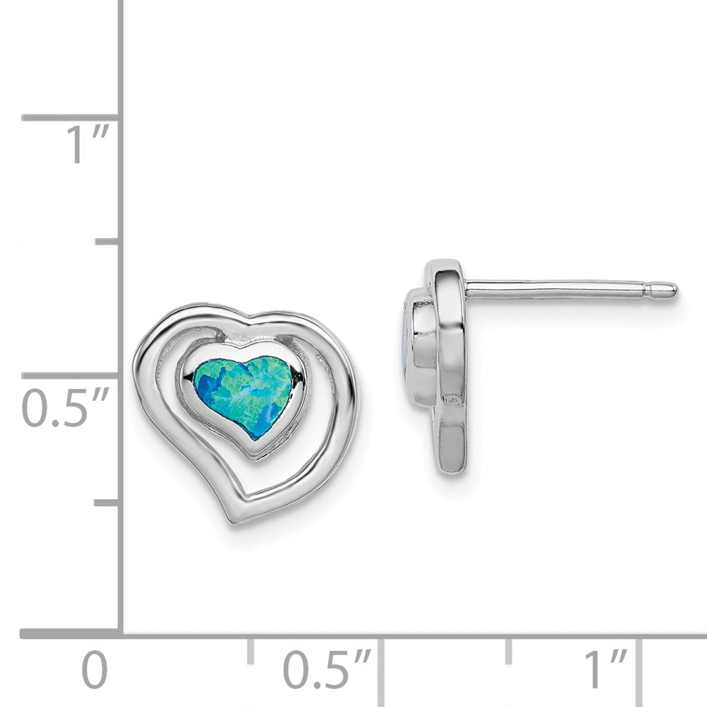 Sterling Silver Rhodium-Plated Created Blue Opal Inlay Heart Post Earrings