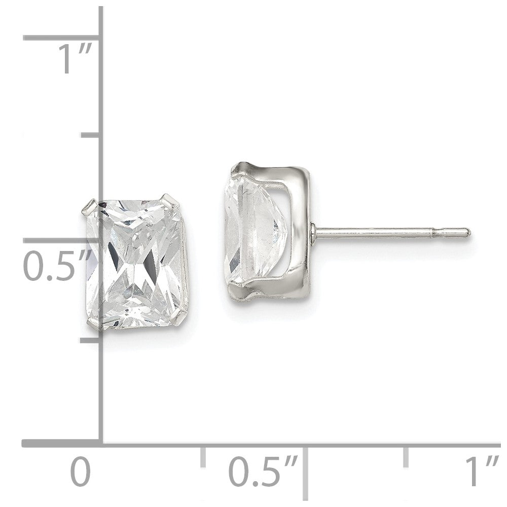 Sterling Silver Polished Emerald-Cut 8X6mm Basket Set Cz Stud Earrings