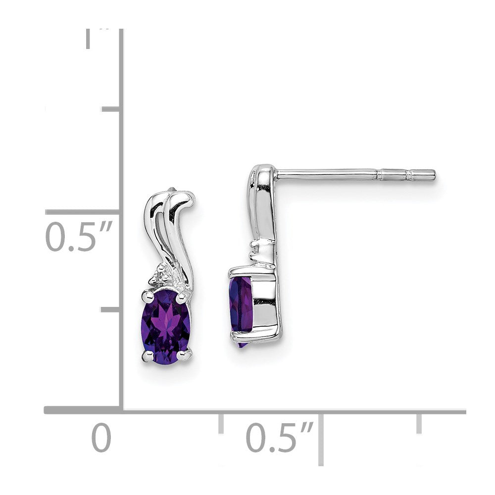 Sterling Silver Rhodium Plated Diamond And Amethyst Oval Post Earrings