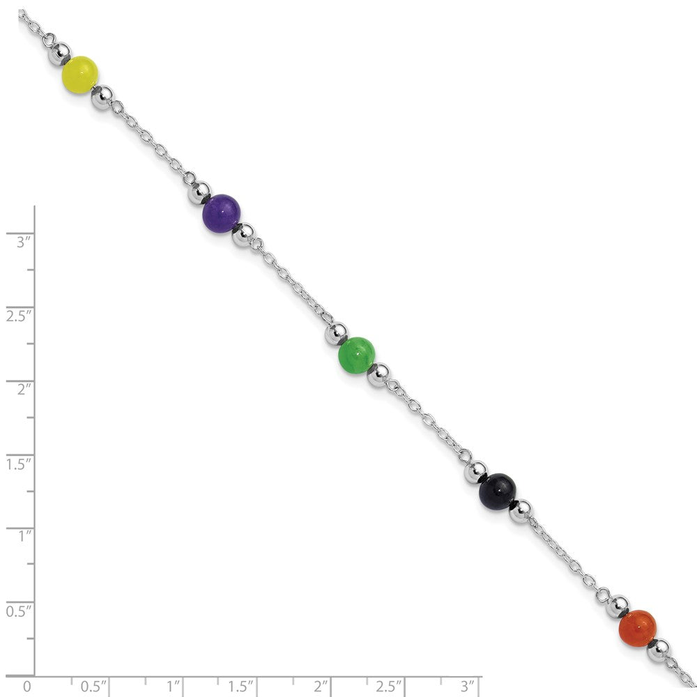 Sterling Silver Rhodium-Plated 9Inch Polished Multi-Color Jade Anklet
