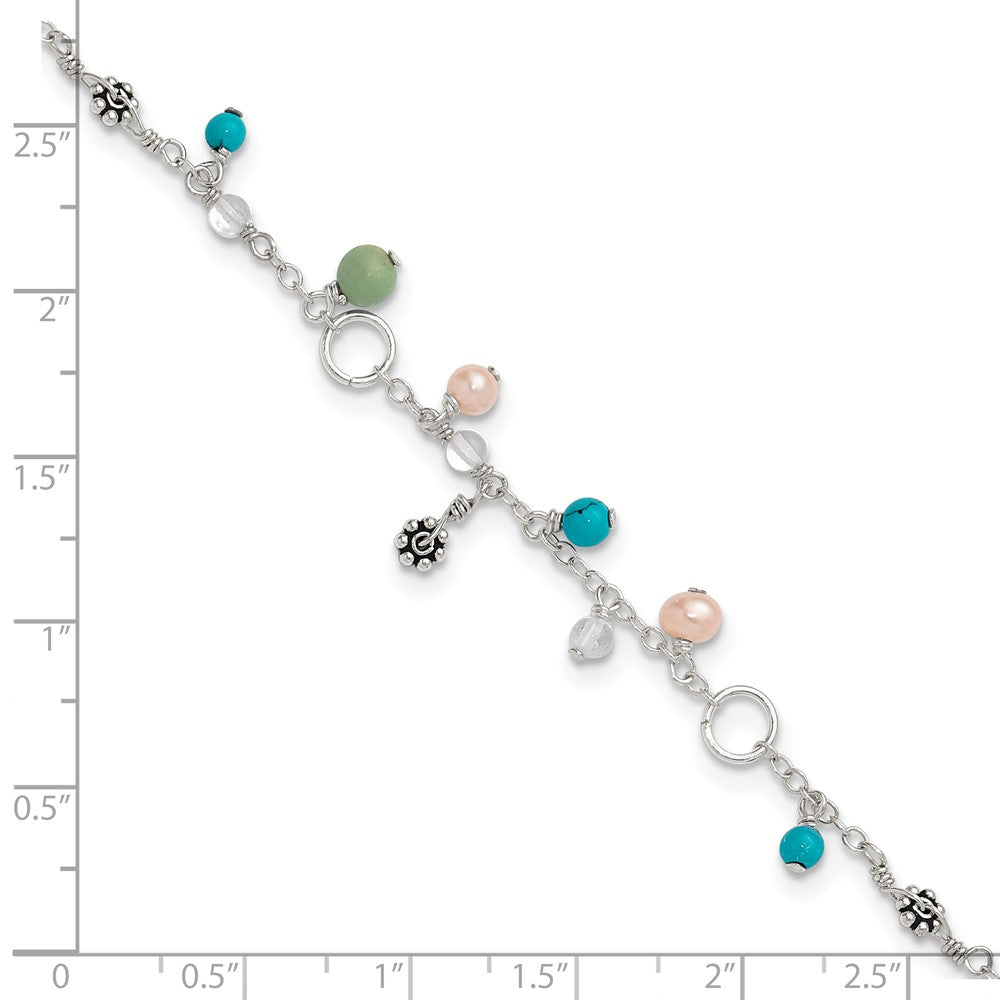 Sterling Silver Turquoise/Clear Bead/Fw Cultured Pearl Anklet