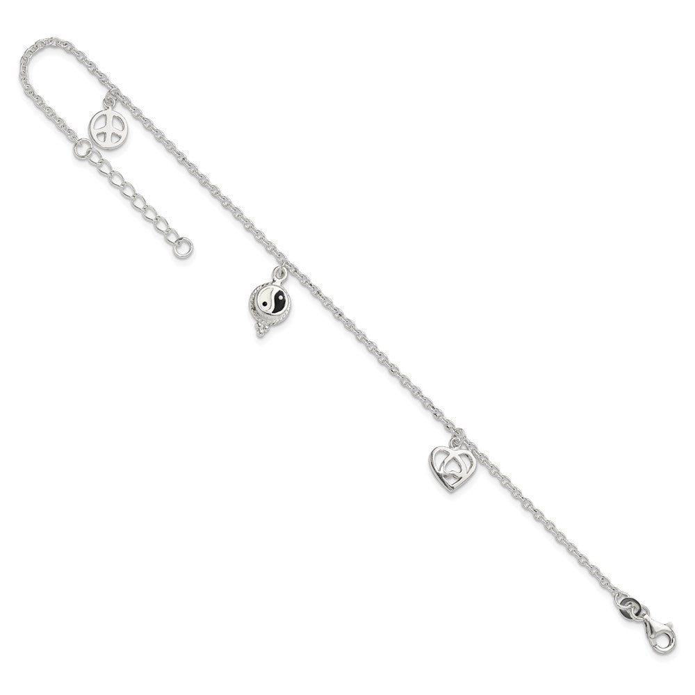 Sterling Silver Polished Hearts And Peace Sign 8In Plus 1In Ext Anklet