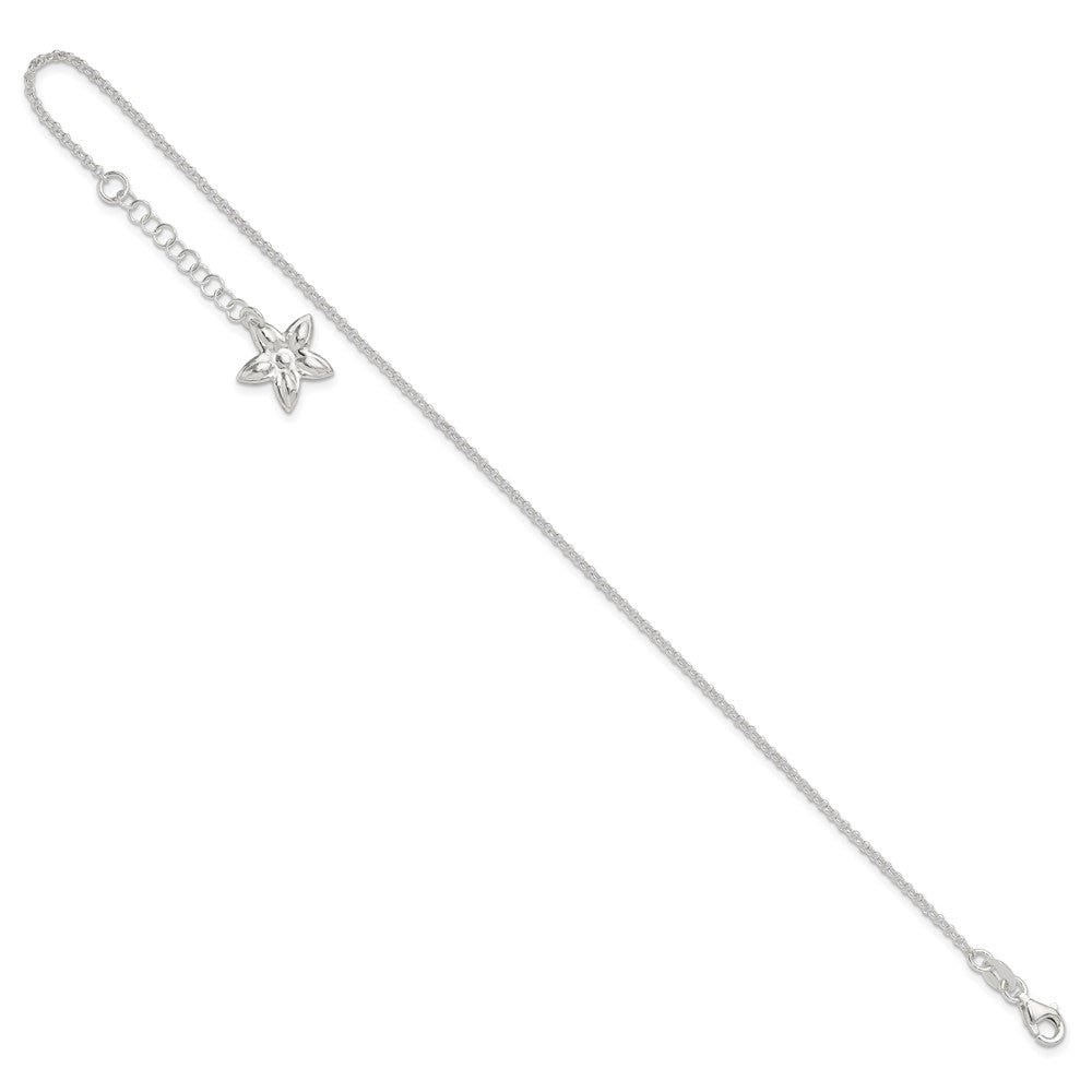 Sterling Silver Polished Flower 9In Plus 1In Ext. Anklet