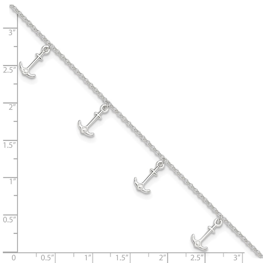 Sterling Silver Polished Anchors 9In Plus 1In Ext. Anklet