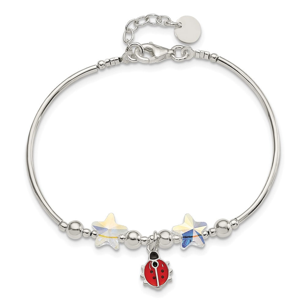 6.75 Inch Sterling Silver Polished Enameled Ladybug & Crystal Stars With .75 Extension Children'S Bracelet