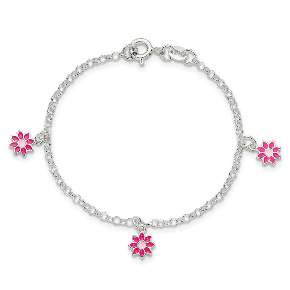 6 Inch Sterling Silver Polished Pink Enameled Flowers Children'S Bracelet