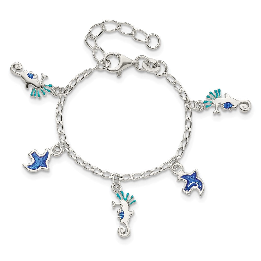 5 Inch Sterling Silver Enameled Seahorse & Birds W/ 1In Ext. Children'S Bracelet