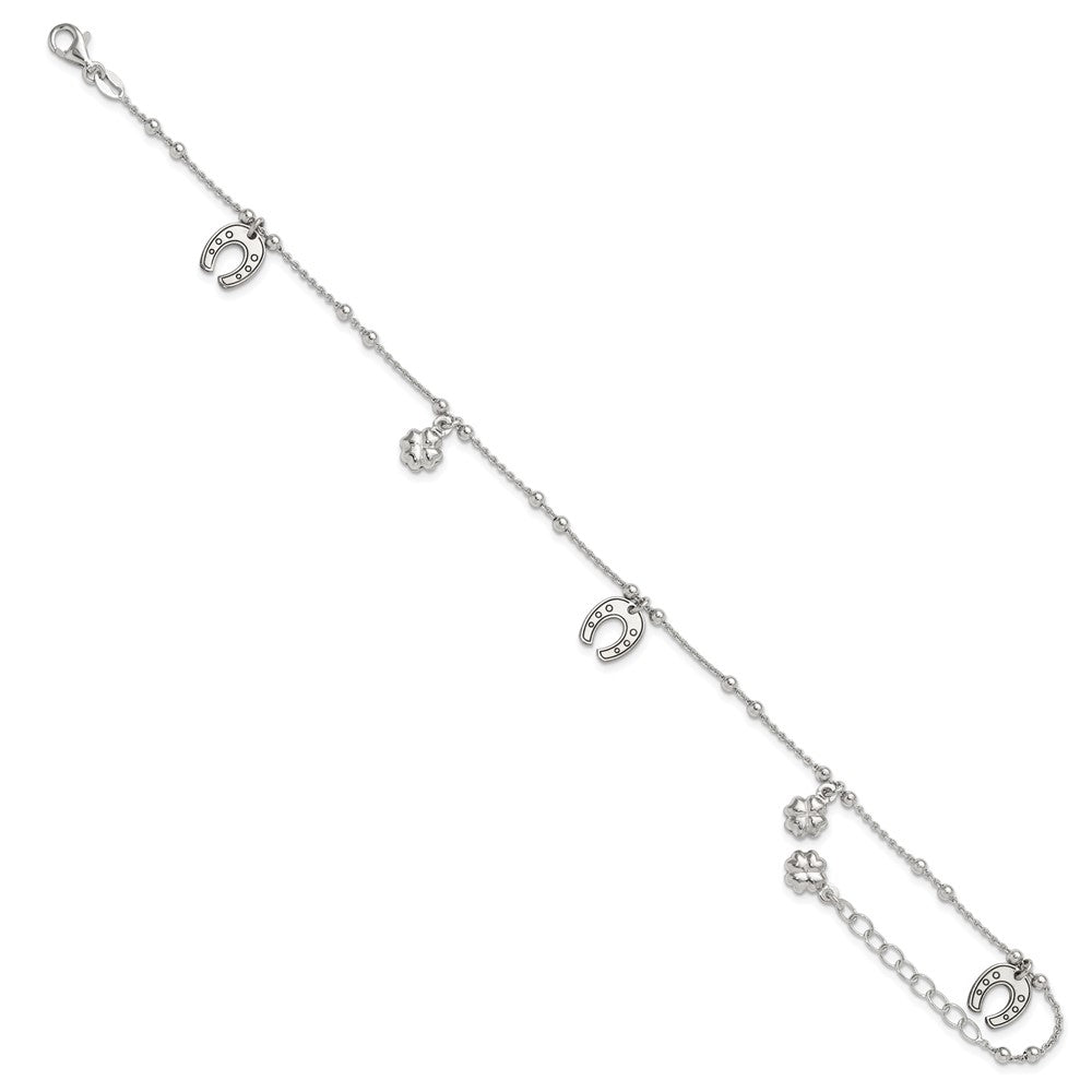 Sterling Silver Rhodium-Plated Clover/Horseshoe Dangle 9In W/1In Ext Anklet