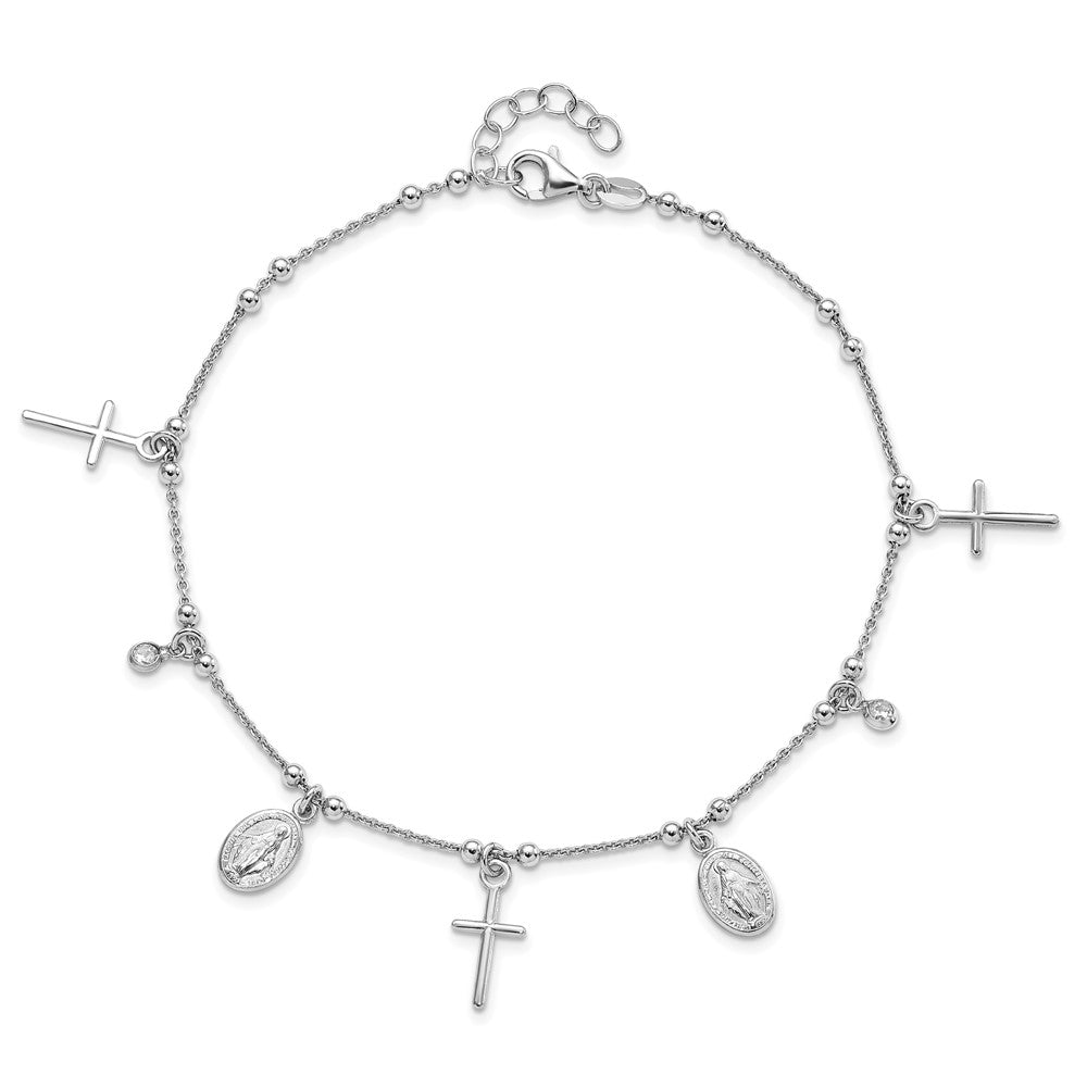 Sterling Silver Rhodium-Plated Cz Cross And Mary Charm 9In W/1In Ext Anklet