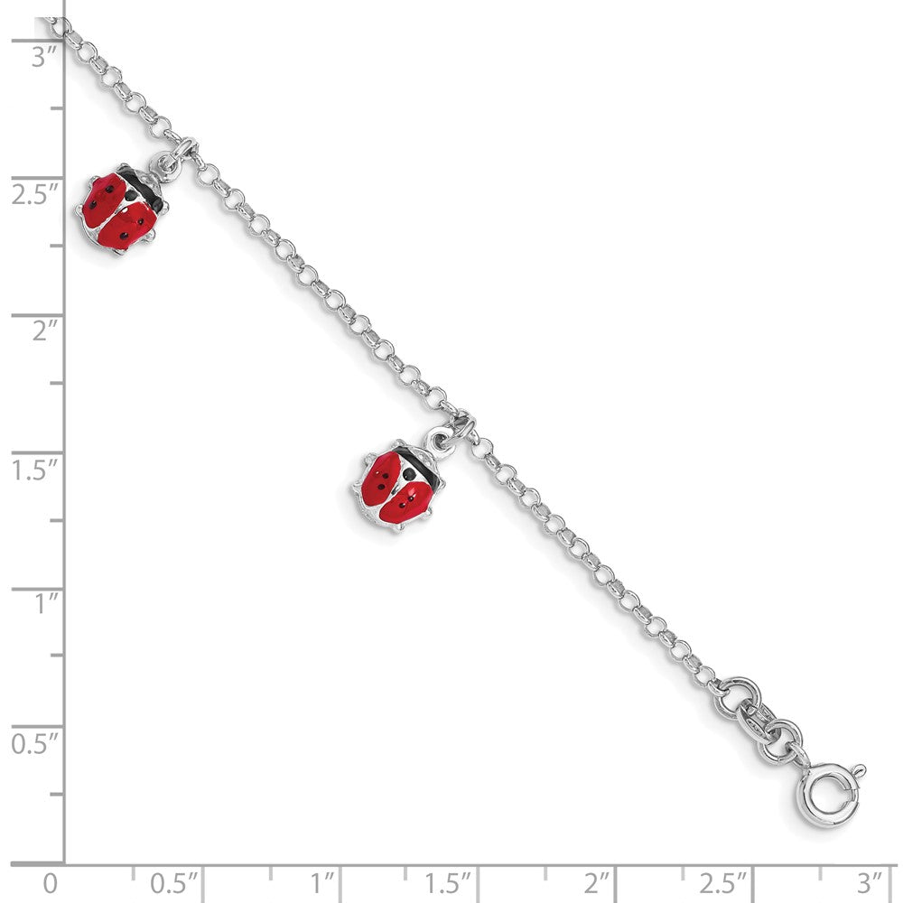 7 Inch Sterling Silver Rh-Pltd Enameled Ladybugs W/ 1In Ext. Children'S Bracelet
