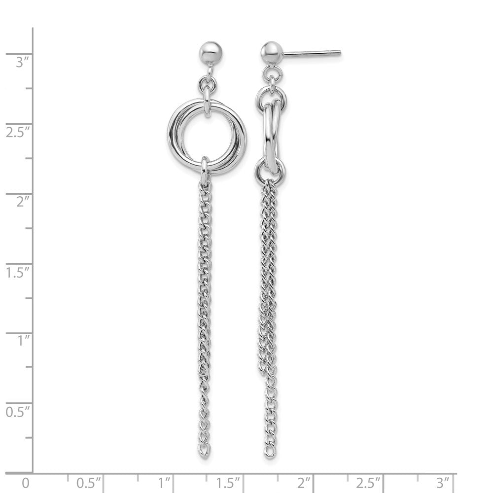 Sterling Silver Rh Plated Polished Circle Drop Chain Post Earrings