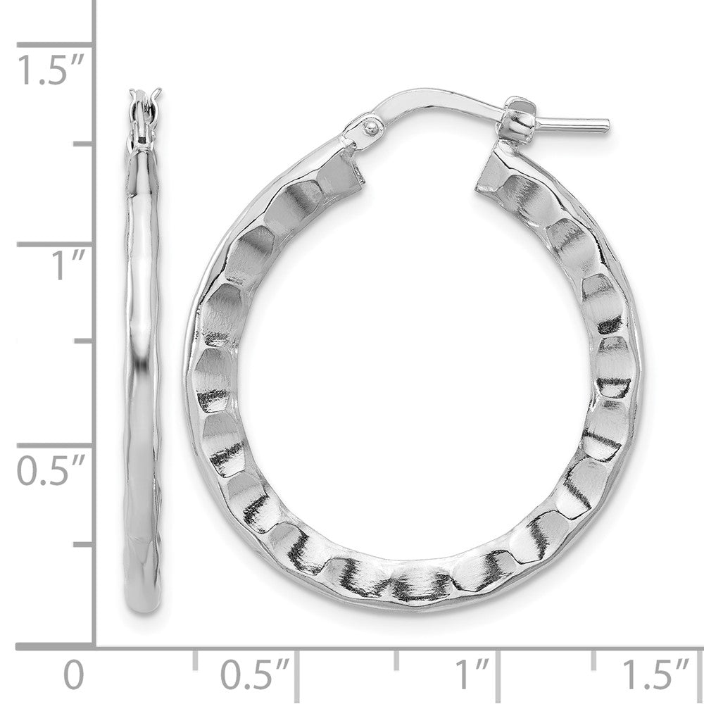 Sterling Silver Rh Plated Polished/Hammered Hoop Earrings