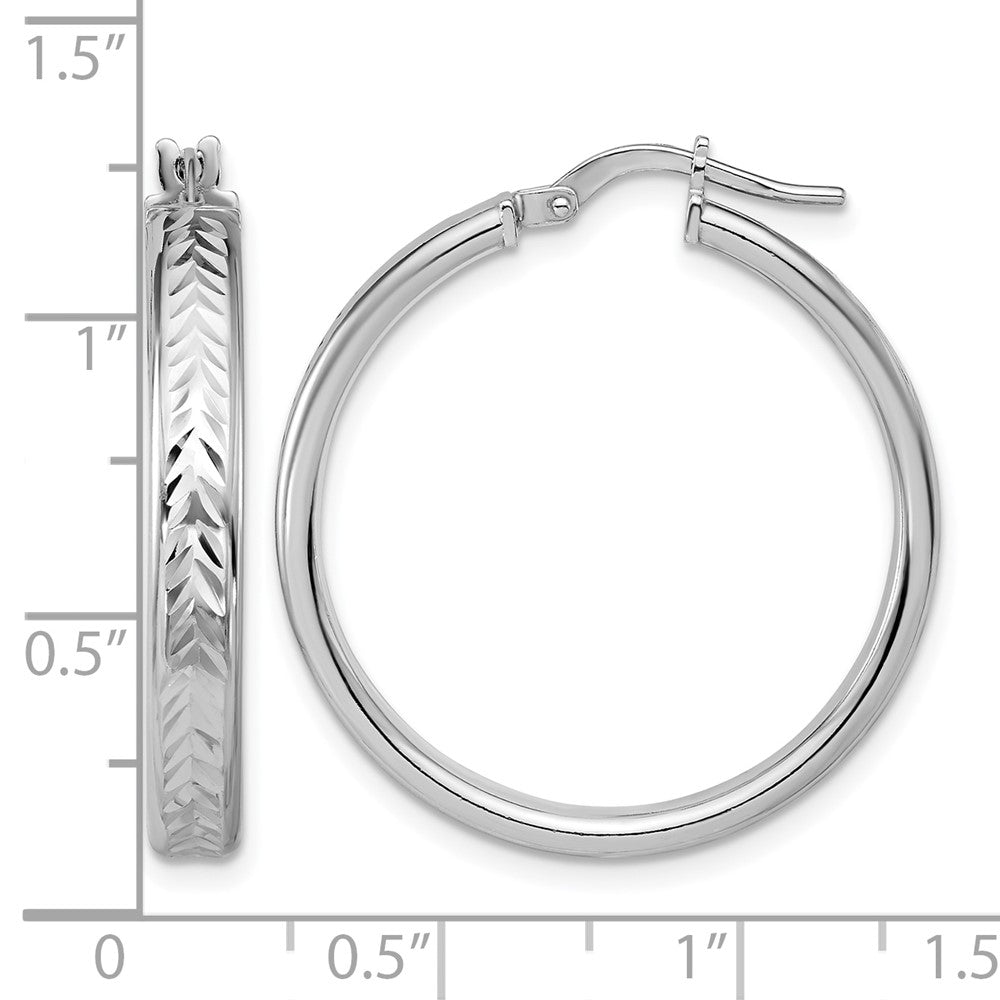 Sterling Silver Rh Plat Polish/Dia Cut Round Hoop Earrings