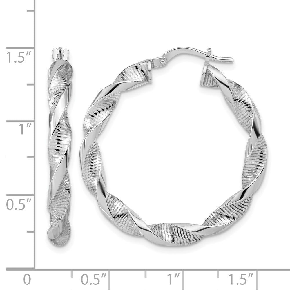 Sterling Silver Rh Plat Polish/Textured Twist Hoop Earrings