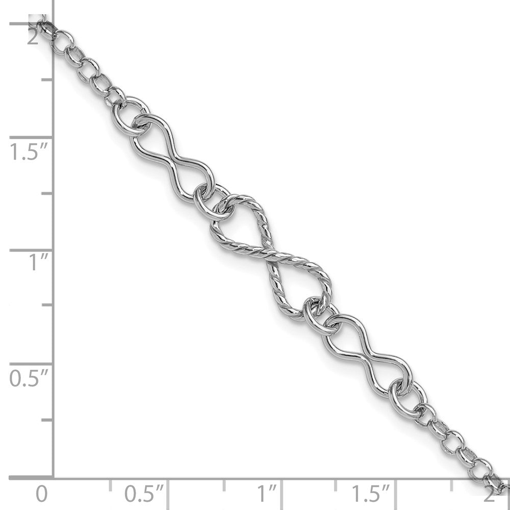 Sterling Silver Rhodium Plt Twisted Infinity 1In Ext. Bracelet