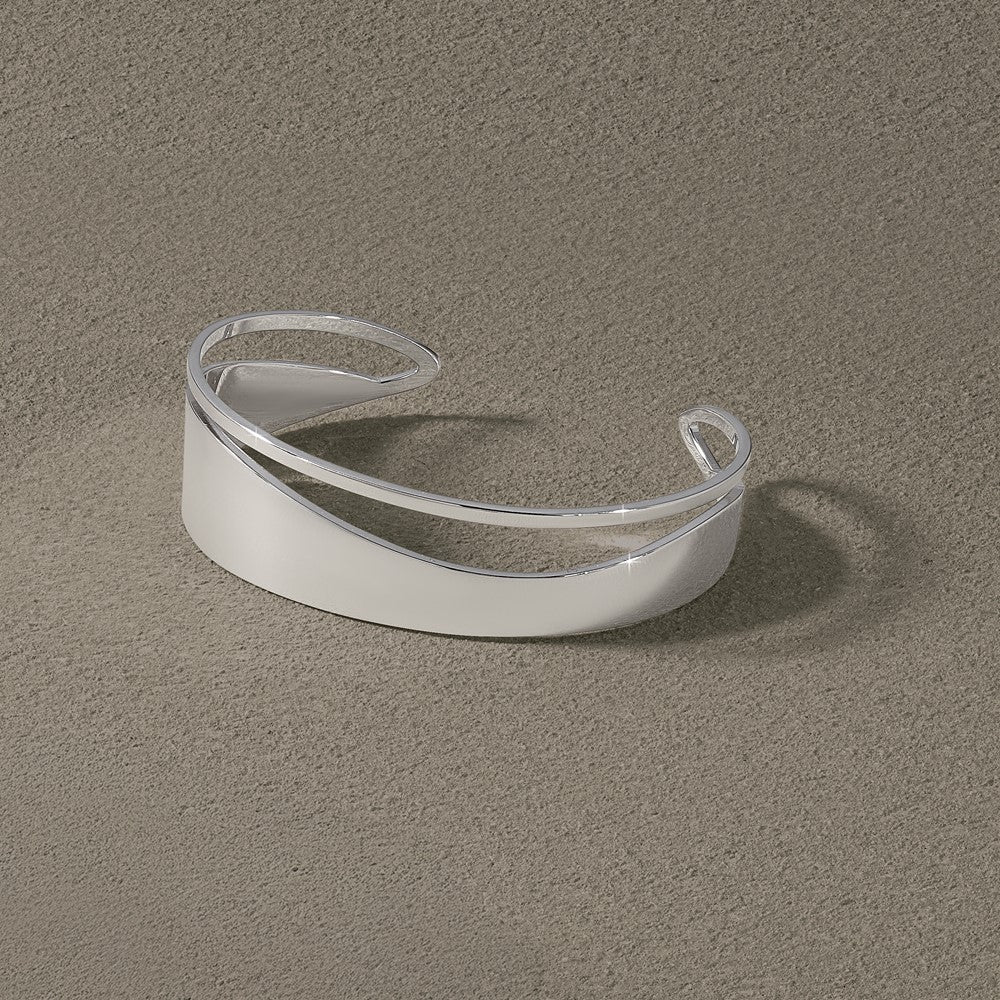 Sterling Silver Rh Plated Polished Fancy Cuff Bangle