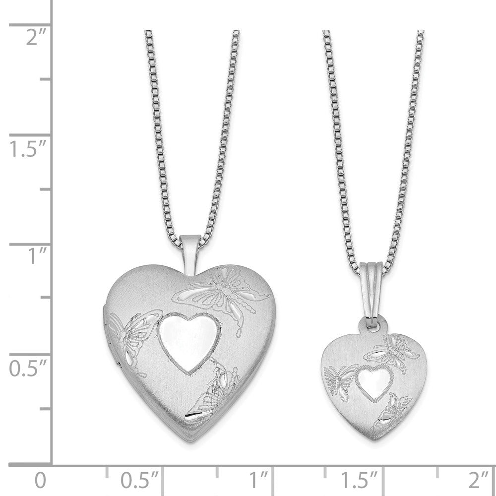 Sterling Silver Rhodium-Plated Polished & Satin Butterfly Heart Locket Pendant Mother/Daughter Necklace Set