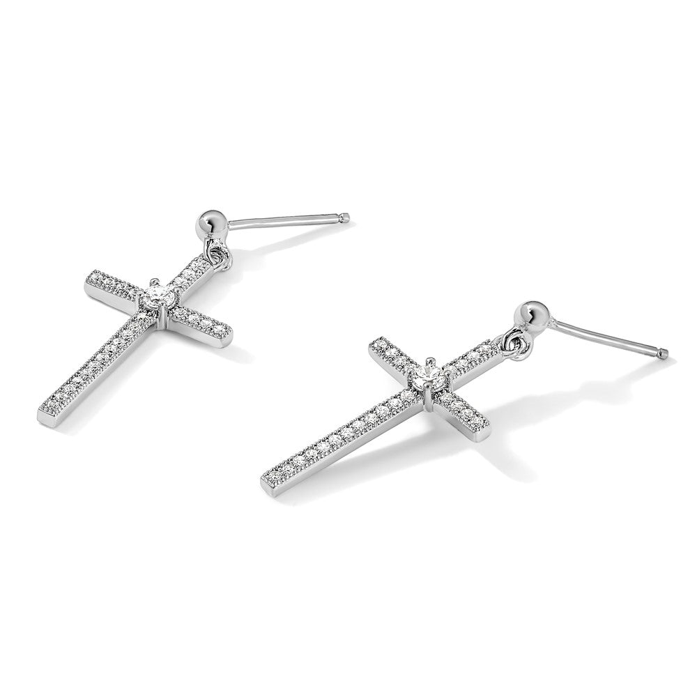Sterling Silver Brilliant Embers Rhodium Plated 50 Stone Micro Pav‚Äö Cz Cross Dangle Earrings