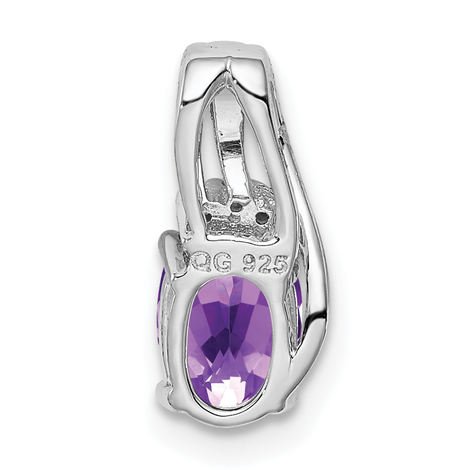 Sterling Silver Rhodium Plated Diamond And Amethyst Oval Pendant