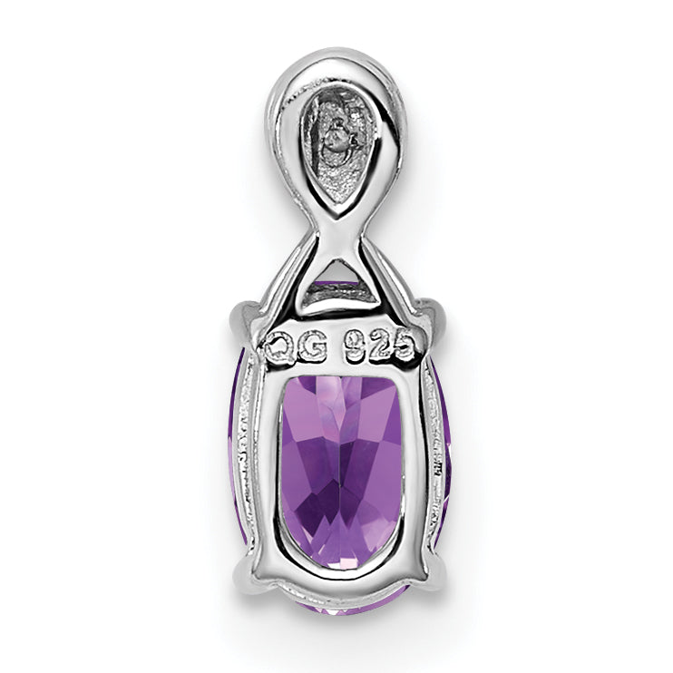Sterling Silver Rhodium Plated Diamond And Amethyst Oval Pendant